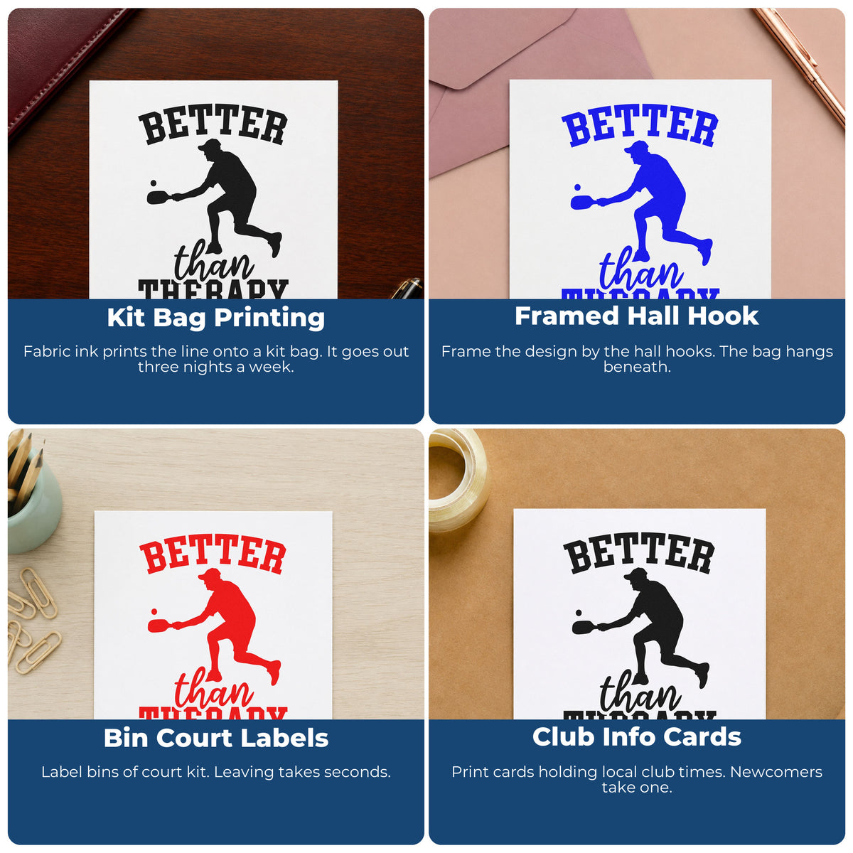 Four ways to use the Better Than Therapy Pickleball Paddle Wood Handle Stamp: kit bag printing, framed hall hook, bin court labels and club info cards.