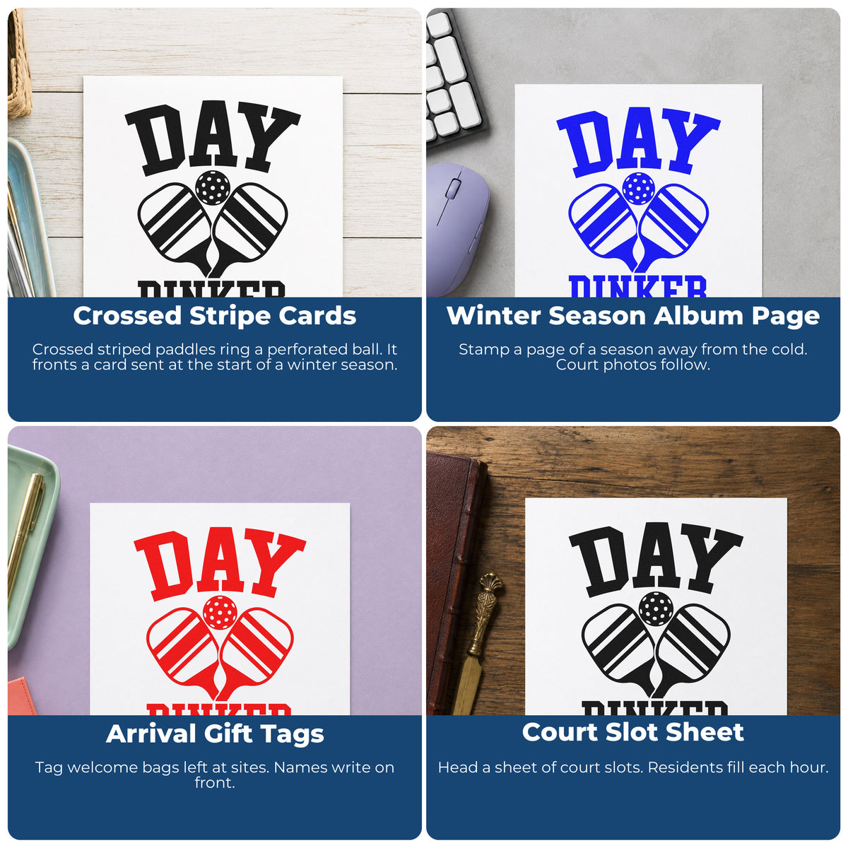 Four ways to use the Day Dinker Crossed Paddles Hand Stamp – Duo: crossed stripe cards, winter season album page, arrival gift tags and court slot sheet.