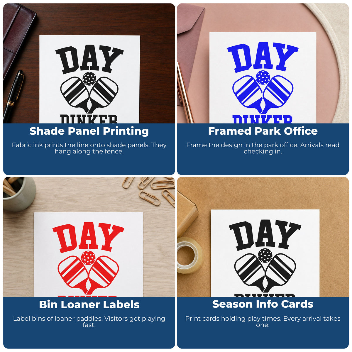 Four ways to use the Day Dinker Crossed Paddles Stamp – Slim Pre-Inked: shade panel printing, framed park office, bin loaner labels and season info cards.