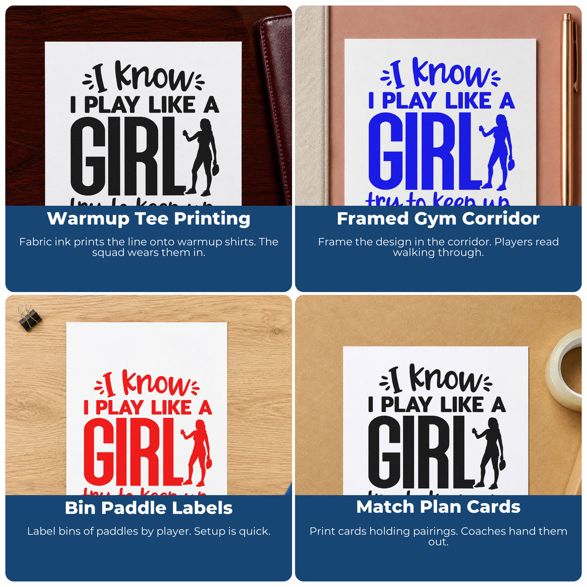 Four ways to use the Play Like A Girl Pre-Inked Stamp – Slim: warmup tee printing, framed gym corridor, bin paddle labels and match plan cards.
