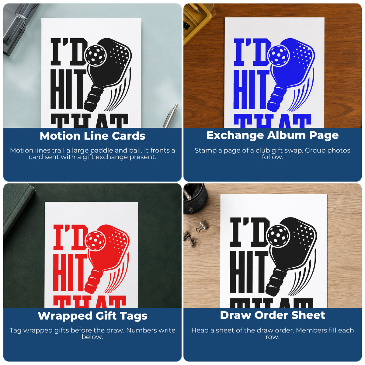 Four ways to use the I Would Hit That Paddle Rubber Stamp – Duo Hand: motion line cards, exchange album page, wrapped gift tags and draw order sheet.