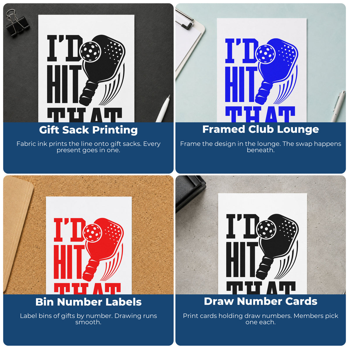 Four ways to use the I Would Hit That Paddle Rubber Stamp – Duo Hand: gift sack printing, framed club lounge, bin number labels and draw number cards.