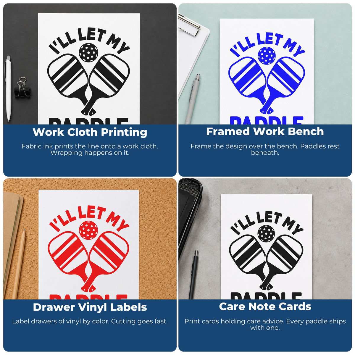 Four ways to use the Let Paddle Do Talking Wood Handle Stamp: work cloth printing, framed work bench, drawer vinyl labels and care note cards.