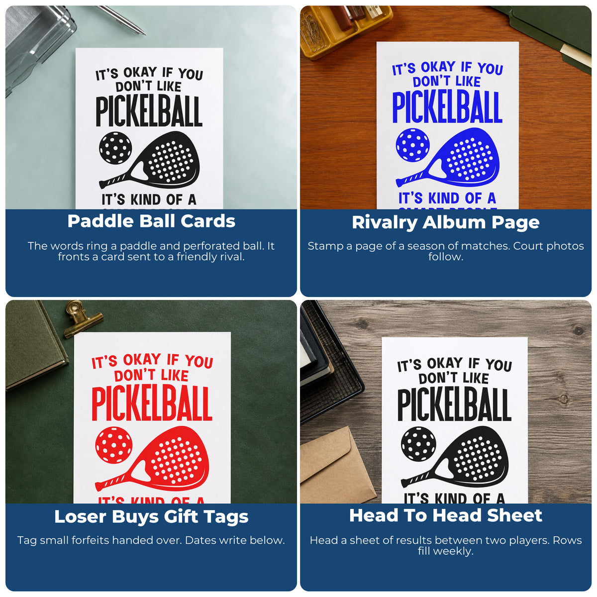 Four ways to use the Pickleball Smart People Sport Paddle Stamp - Premium Vintage Pro Wooden: paddle ball cards, rivalry album page, loser buys gift tags and head to head sheet.