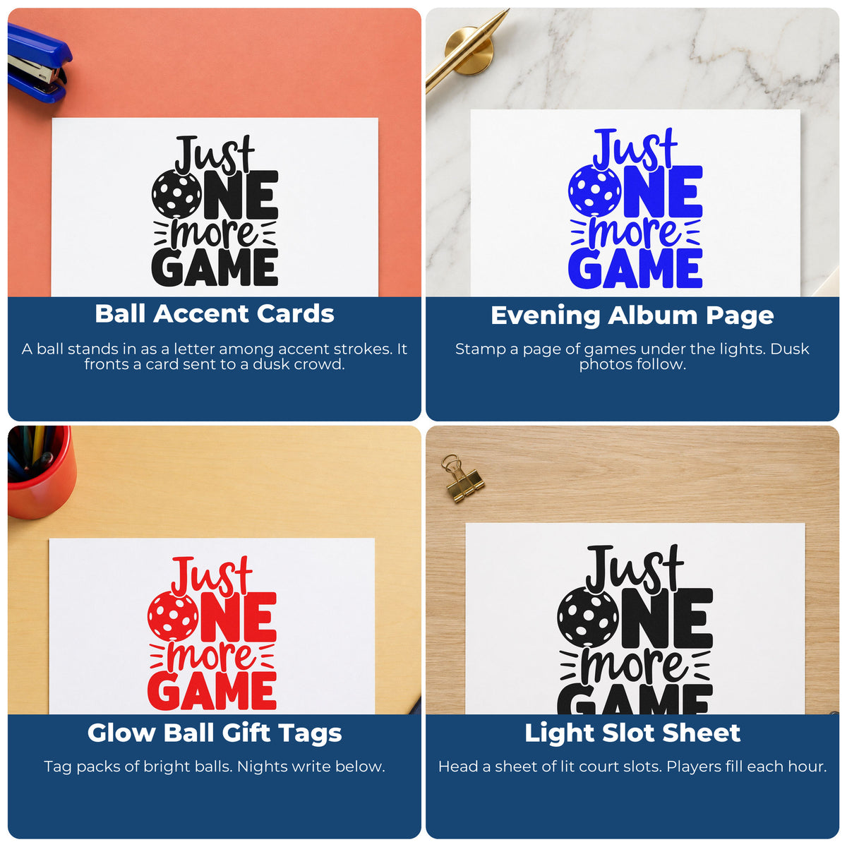 Four ways to use the One More Pickleball Game Accent Lines Rubber Stamp – Wood Handle: ball accent cards, evening album page, glow ball gift tags and light slot sheet.