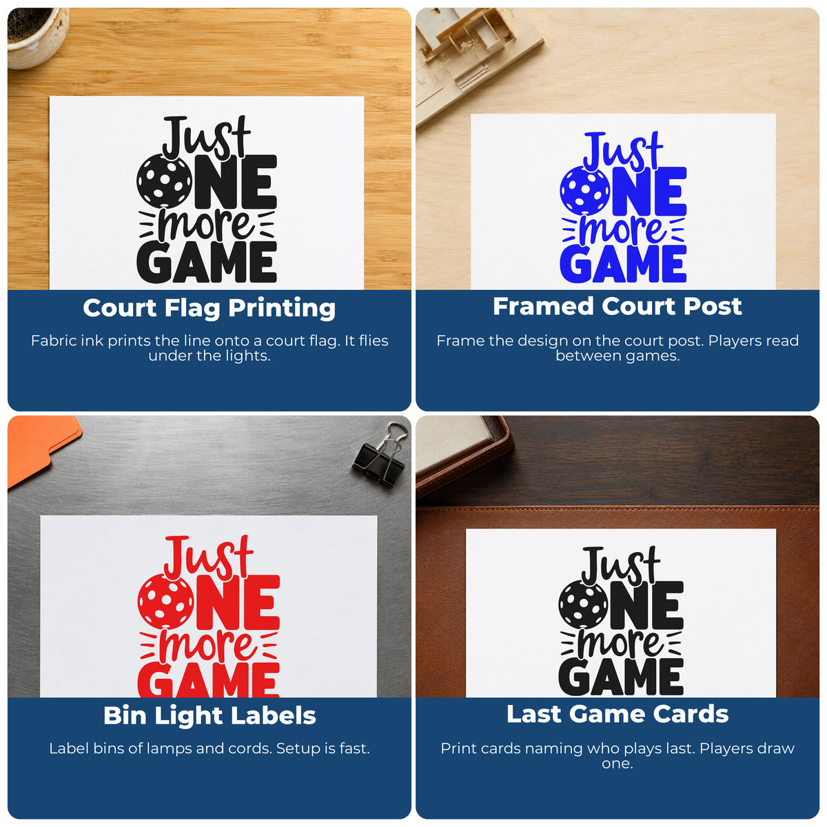 Four ways to use the One More Pickleball Game Accent Lines Stamp – Duo Hand: court flag printing, framed court post, bin light labels and last game cards.