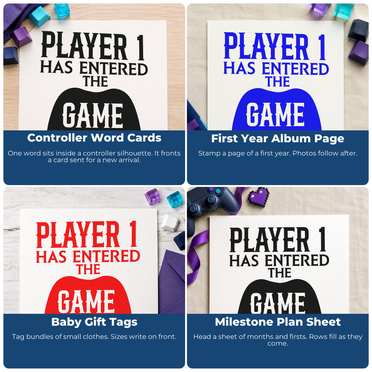 Four ways to use the Player One Entered Game Stamp - Premium Vintage Pro Wooden: controller word cards, first year album page, baby gift tags and milestone plan sheet.