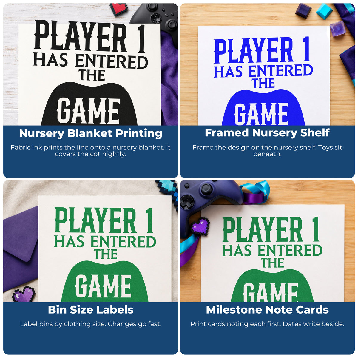Four ways to use the Duo Hand Player One Entered Game Rubber Stamp: nursery blanket printing, framed nursery shelf, bin size labels and milestone note cards.