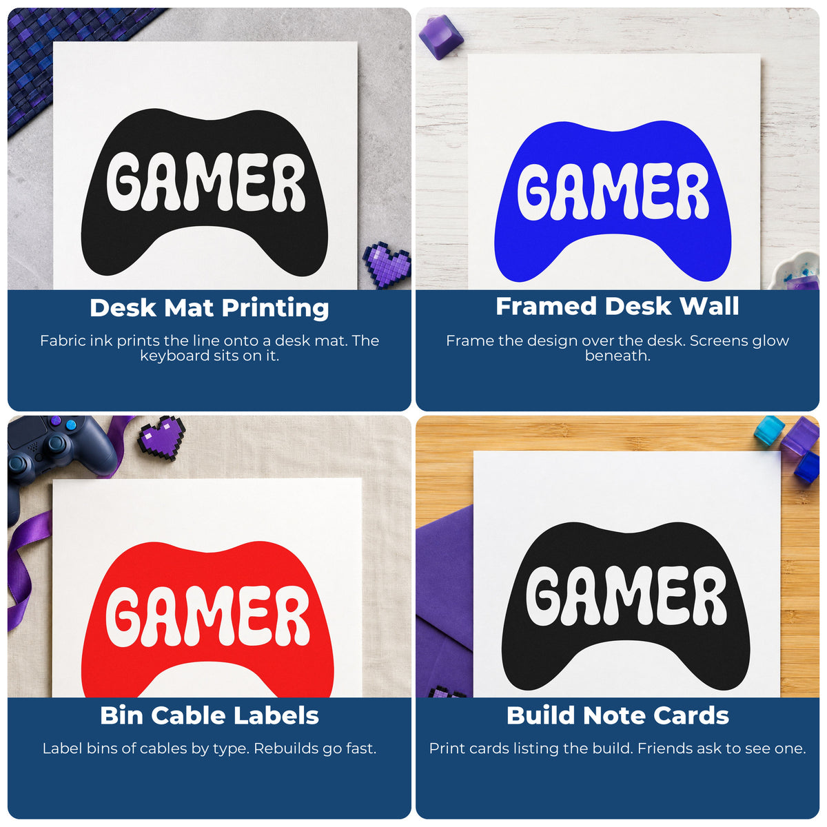 Four ways to use the Gamer Controller Silhouette Rubber Stamp – Wood Handle: desk mat printing, framed desk wall, bin cable labels and build note cards.