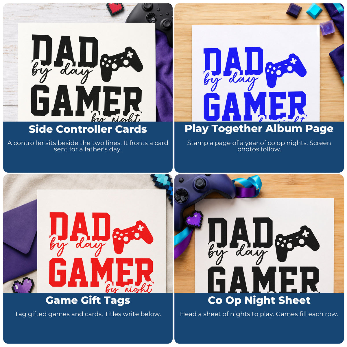 Four ways to use the Dad By Day Gamer By Night Slim Pre-Inked Stamp: side controller cards, play together album page, game gift tags and co op night sheet.