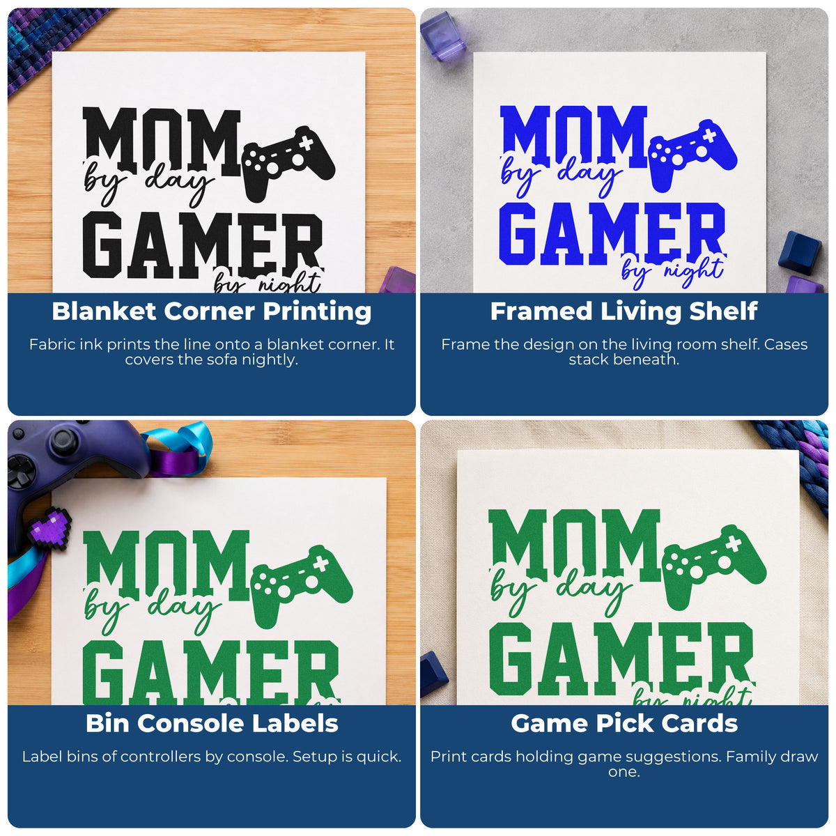 Four ways to use the Pre-Inked Mom Day Gamer Night Stamp – PSI: blanket corner printing, framed living shelf, bin console labels and game pick cards.