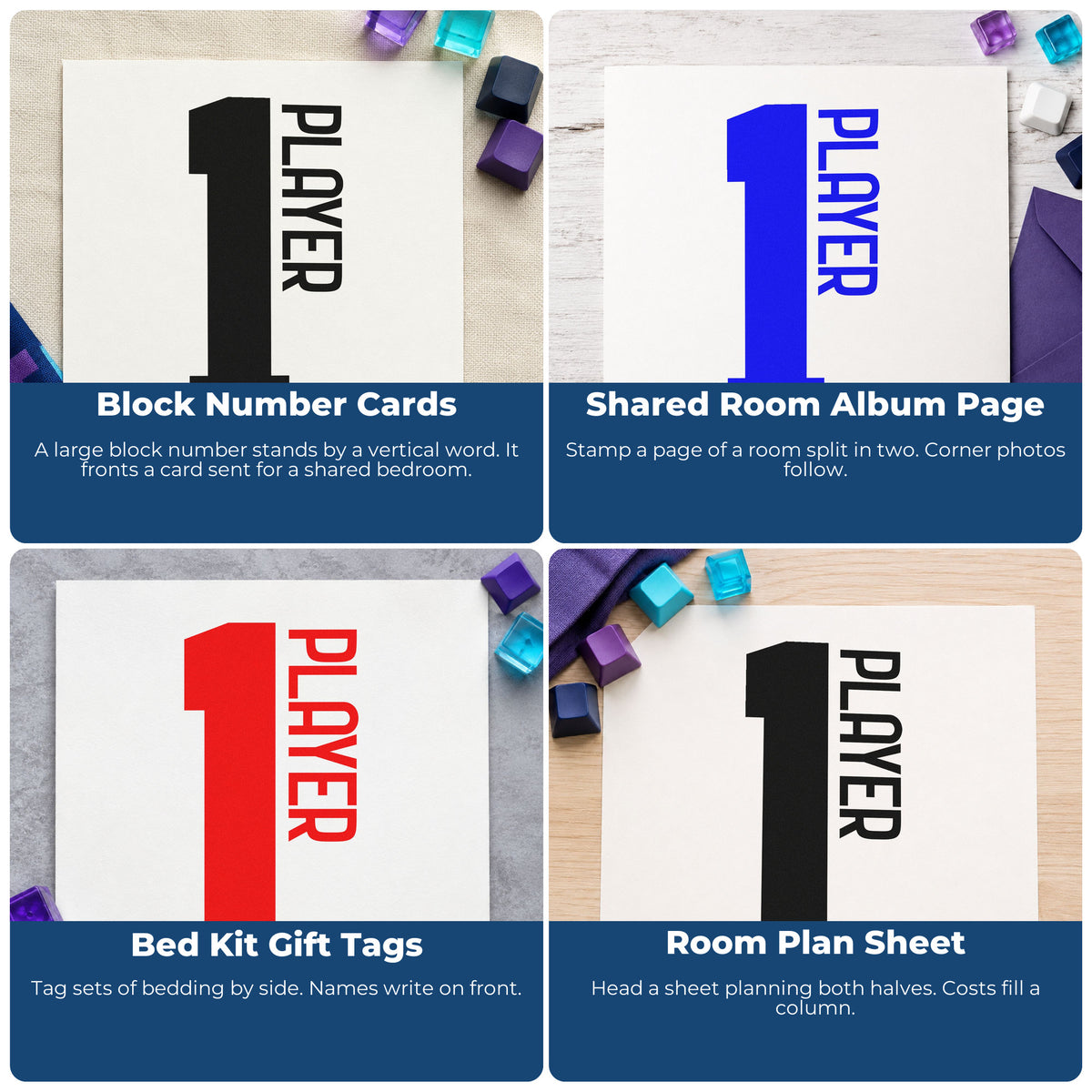 Four ways to use the Player One Bold Number Block Lettering Self-Inking Stamp: block number cards, shared room album page, bed kit gift tags and room plan sheet.