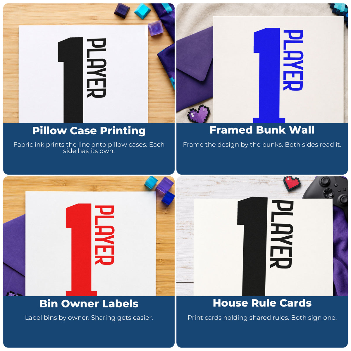 Four ways to use the Player One Bold Number Block Lettering Self-Inking Stamp: pillow case printing, framed bunk wall, bin owner labels and house rule cards.
