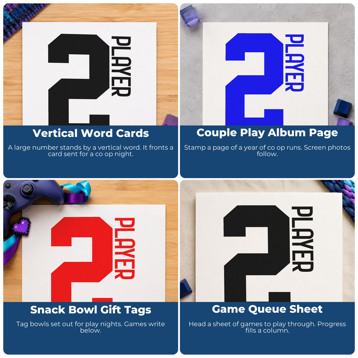 Four ways to use the Player Two Bold Number Rubber Stamp – Wood Handle: vertical word cards, couple play album page, snack bowl gift tags and game queue sheet.