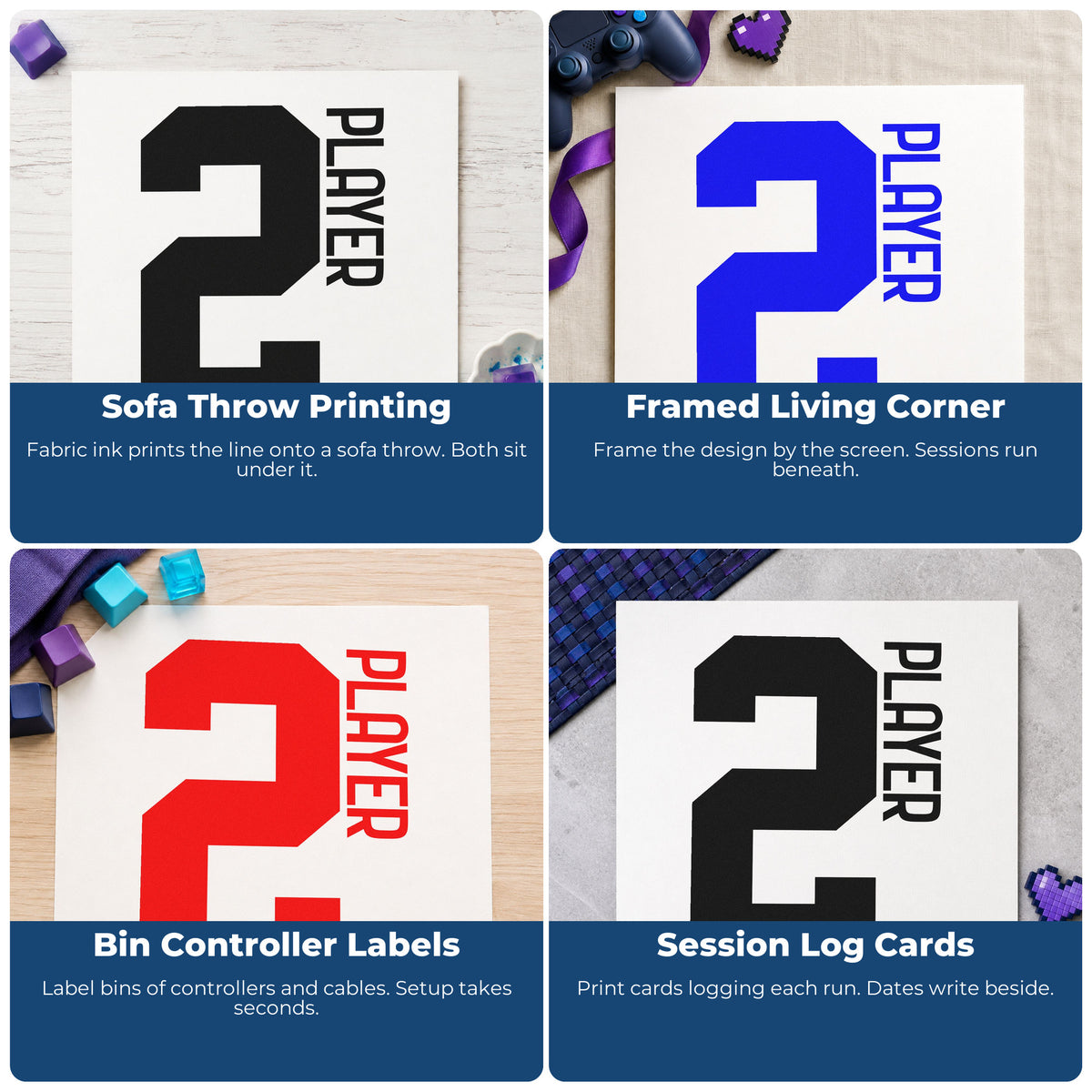 Four ways to use the Player Two Bold Number Rubber Stamp – Wood Handle: sofa throw printing, framed living corner, bin controller labels and session log cards.