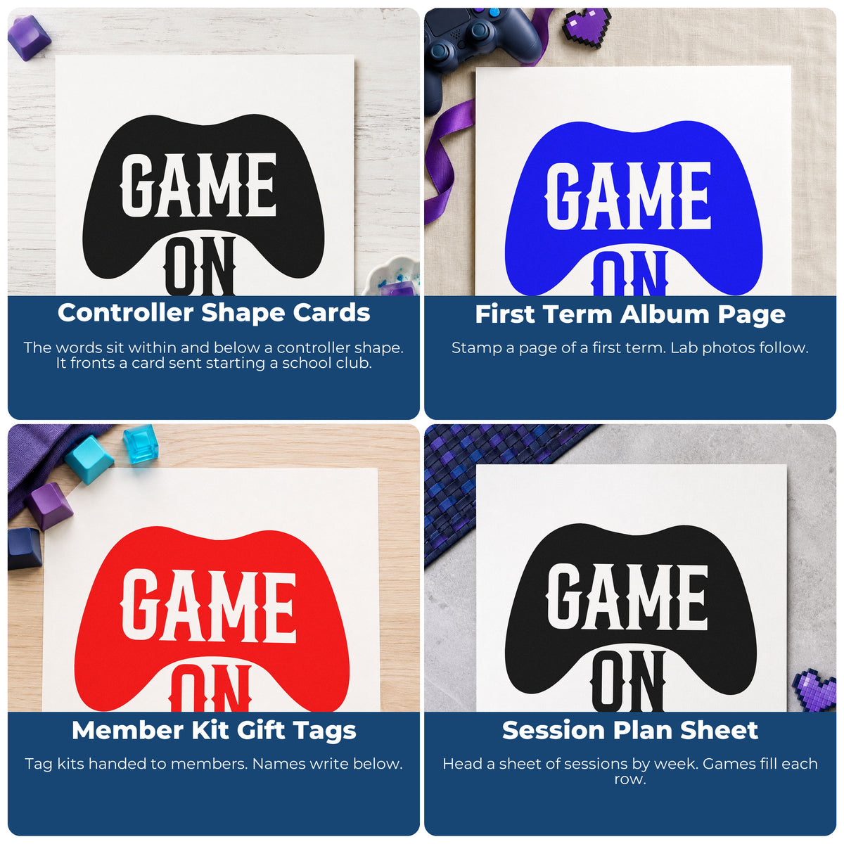 Four ways to use the Game On Controller Silhouette Hand Stamp – Duo: controller shape cards, first term album page, member kit gift tags and session plan sheet.