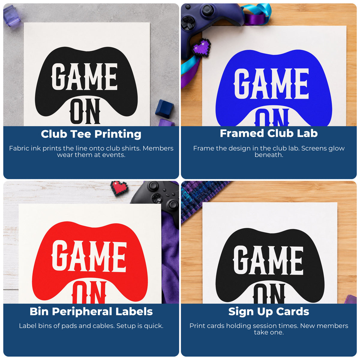 Four ways to use the Game On Controller Silhouette Wood-Mounted Rubber Stamp: club tee printing, framed club lab, bin peripheral labels and sign up cards.