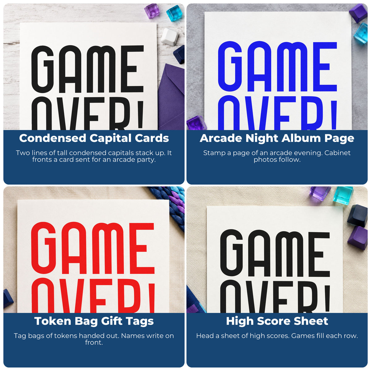 Four ways to use the Game Over! Pre-Inked Stamp – PSI: condensed capital cards, arcade night album page, token bag gift tags and high score sheet.