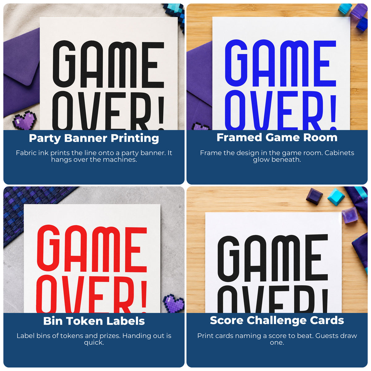 Four ways to use the Game Over! Slim Pre-Inked Stamp: party banner printing, framed game room, bin token labels and score challenge cards.