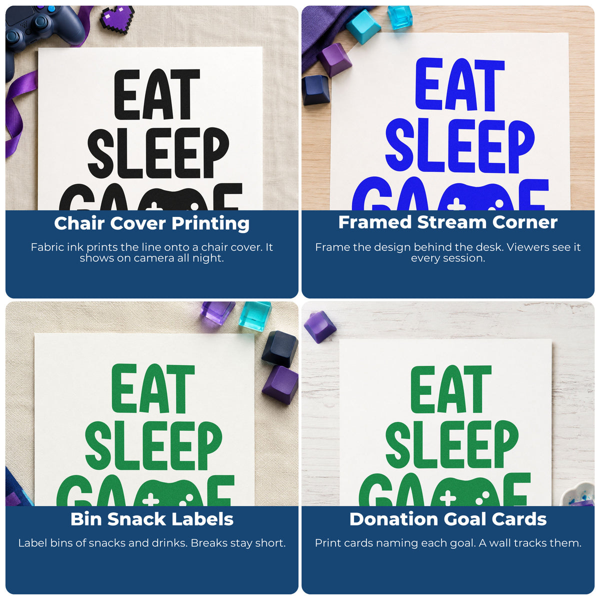 Four ways to use the Eat Sleep Game Controller Pre-Inked Stamp – Slim: chair cover printing, framed stream corner, bin snack labels and donation goal cards.