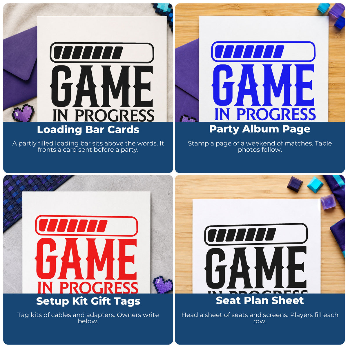 Four ways to use the Game In Progress Loading Self-Inking Stamp: loading bar cards, party album page, setup kit gift tags and seat plan sheet.
