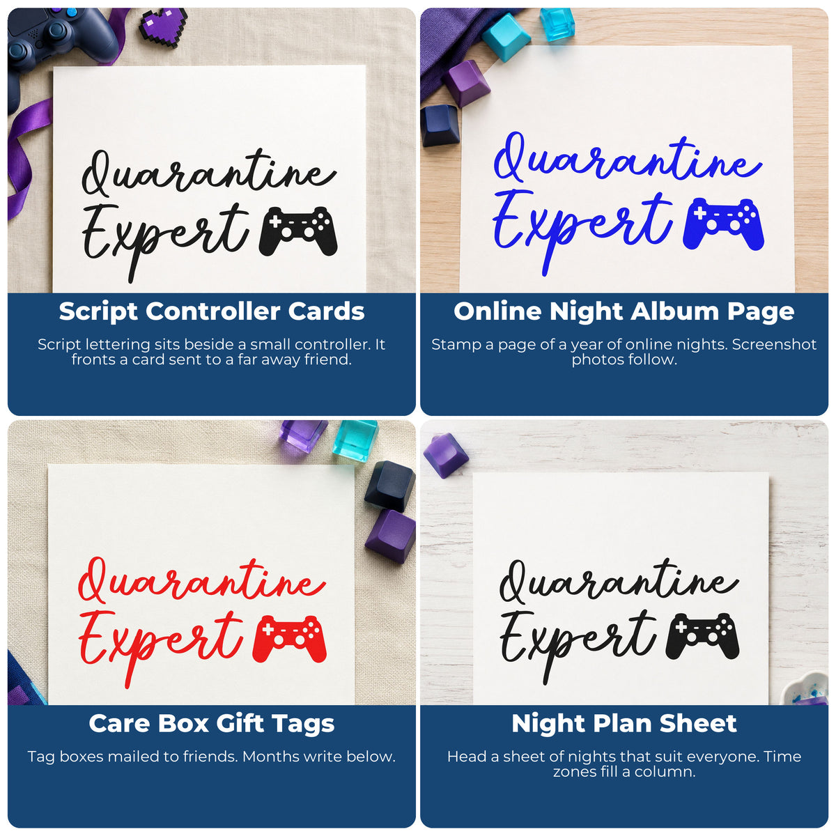 Four ways to use the Quarantine Expert Gaming Controller PSI Pre-Inked Stamp: script controller cards, online night album page, care box gift tags and night plan sheet.