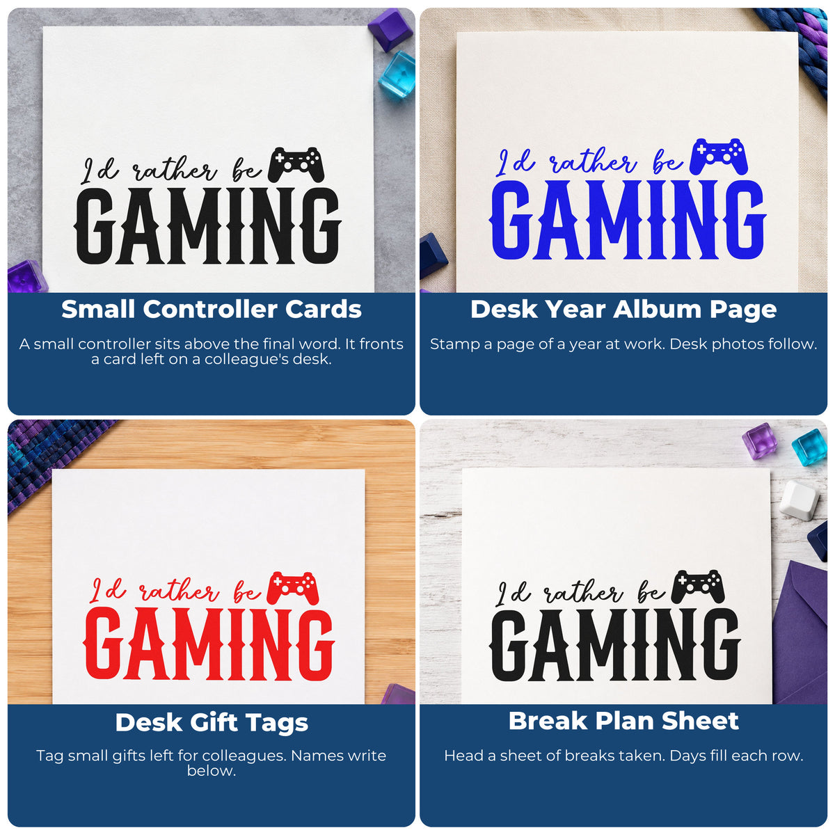 Four ways to use the Rather Be Gaming Controller Wood Handle Stamp: small controller cards, desk year album page, desk gift tags and break plan sheet.