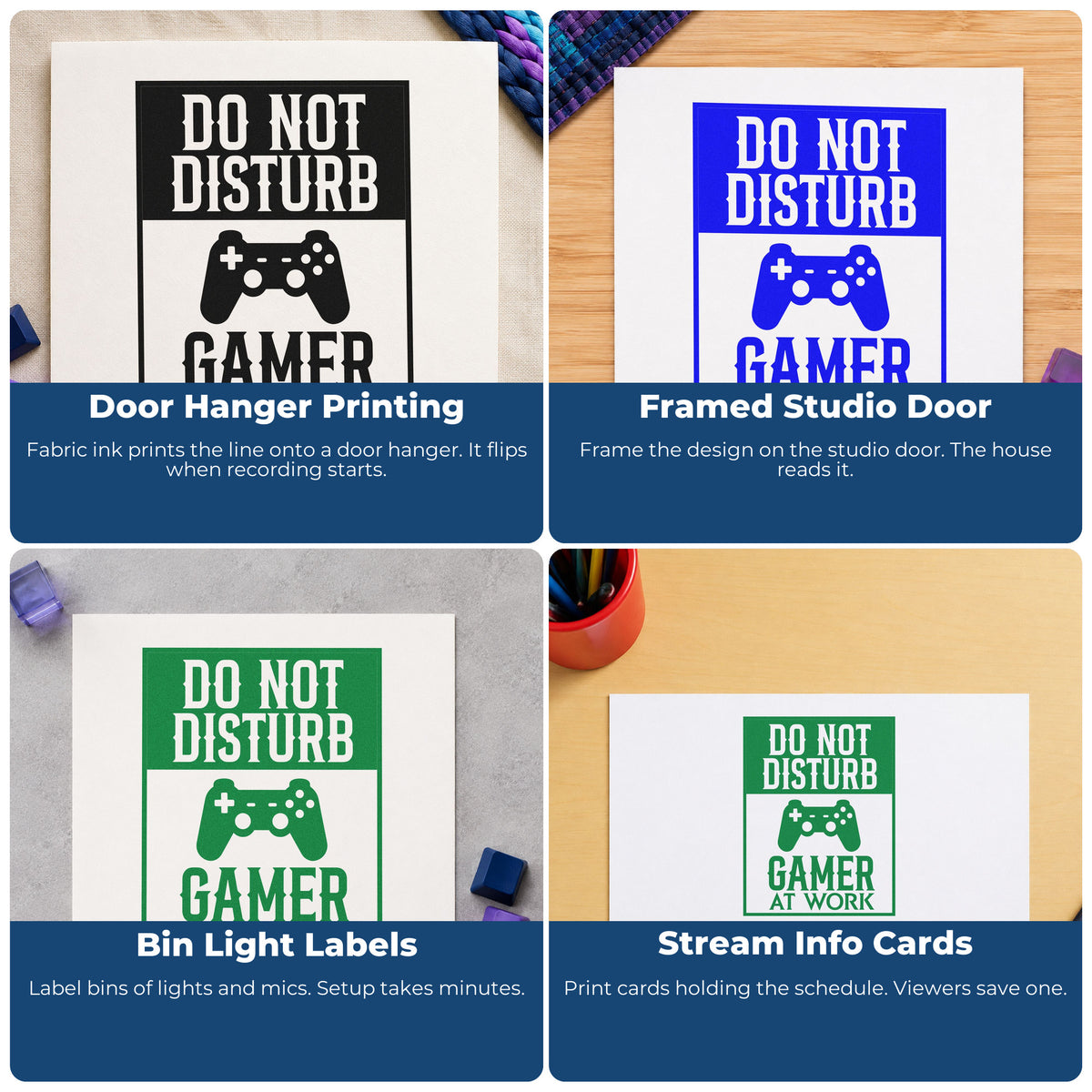 Four ways to use the Do Not Disturb Gamer Game Controller Self-Inking Stamp: door hanger printing, framed studio door, bin light labels and stream info cards.
