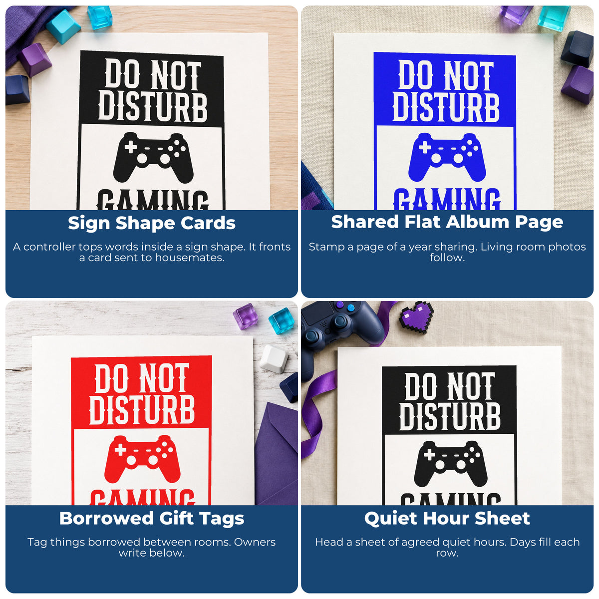 Four ways to use the Do Not Disturb Gaming Slim Pre-Inked Stamp: sign shape cards, shared flat album page, borrowed gift tags and quiet hour sheet.