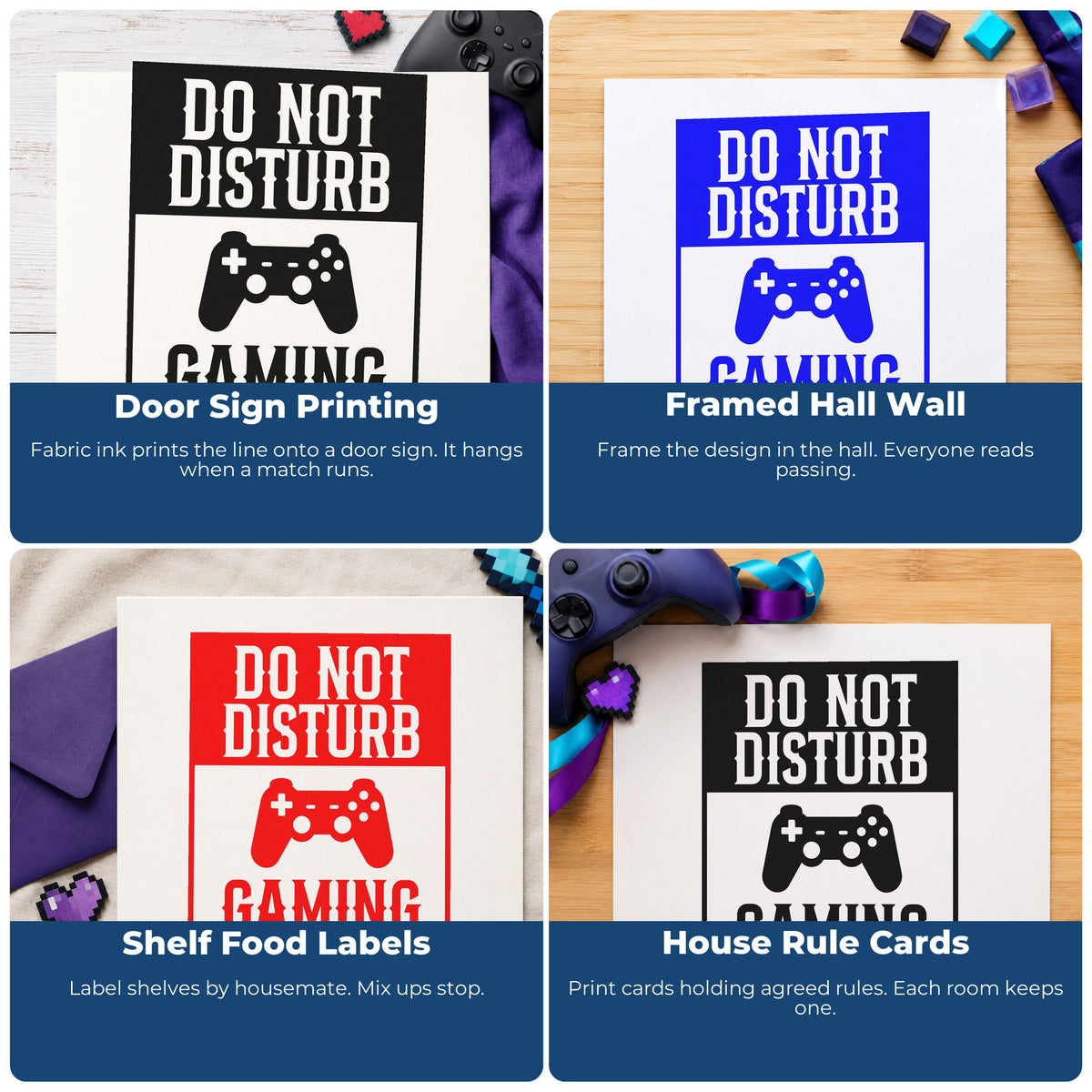 Four ways to use the PSI Pre-Inked Do Not Disturb Gaming Stamp: door sign printing, framed hall wall, shelf food labels and house rule cards.