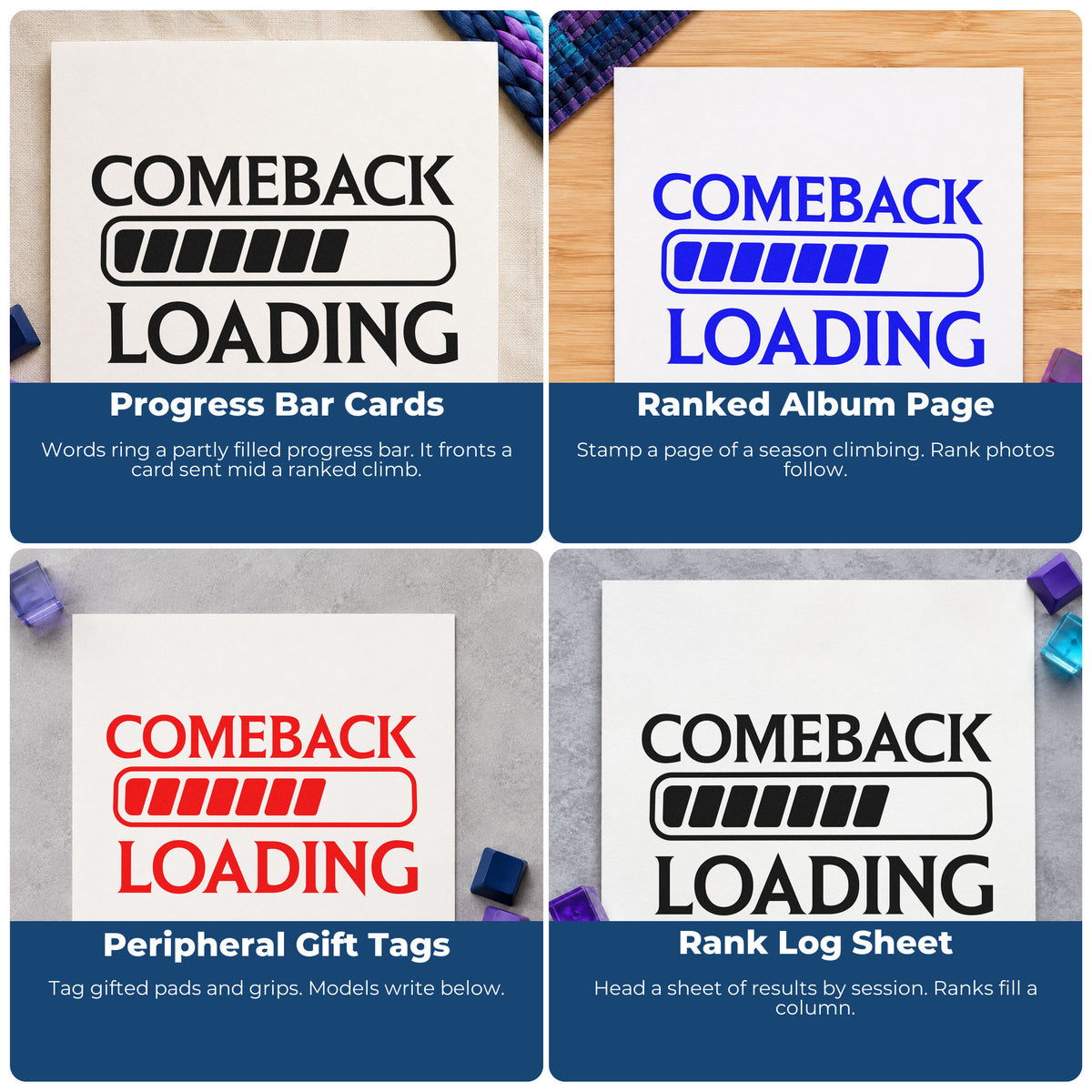 Four ways to use the Slim Pre-Inked Comeback Loading Progress Bar Stamp: progress bar cards, ranked album page, peripheral gift tags and rank log sheet.