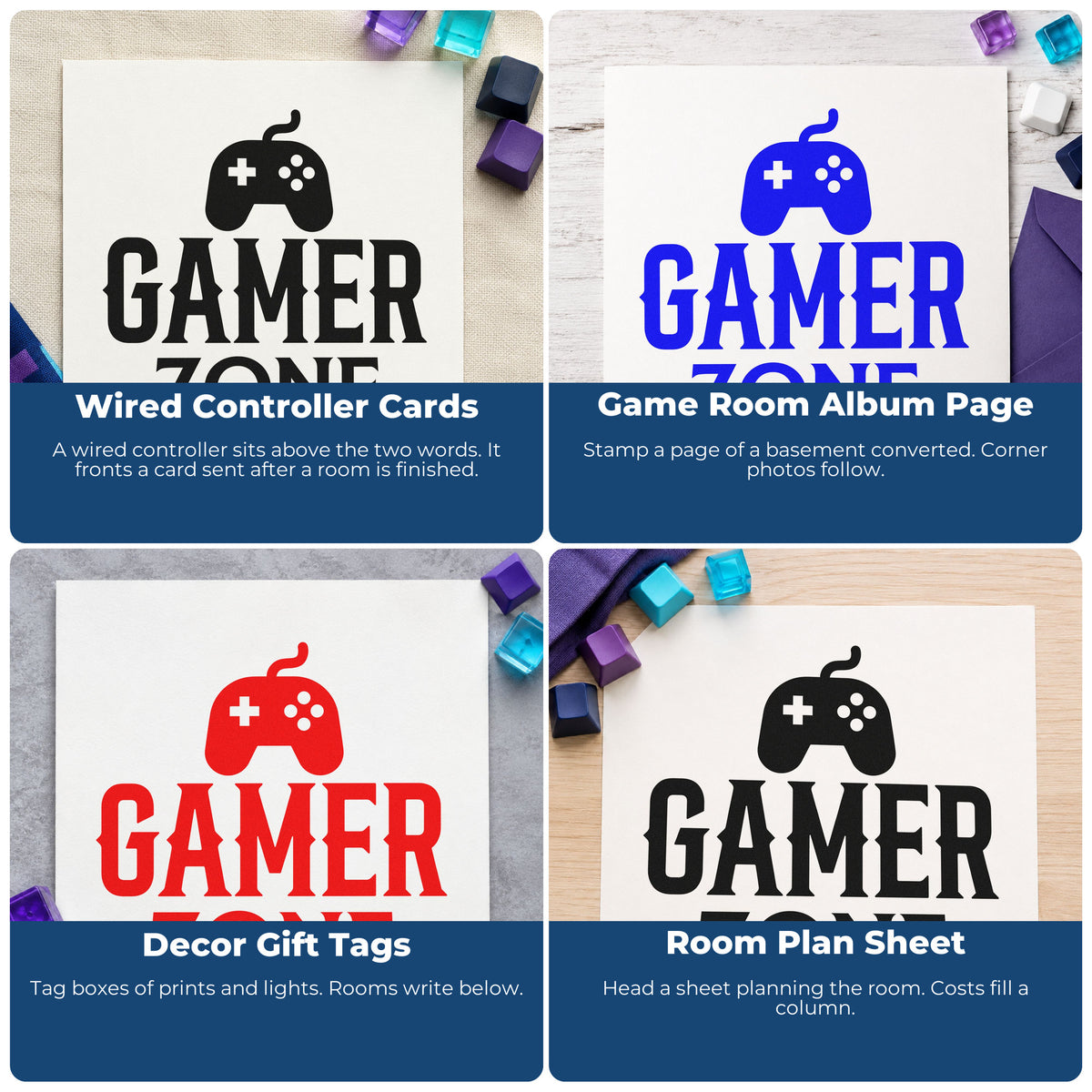 Four ways to use the Gamer Zone Wired Controller PSI Pre-Inked Stamp: wired controller cards, game room album page, decor gift tags and room plan sheet.