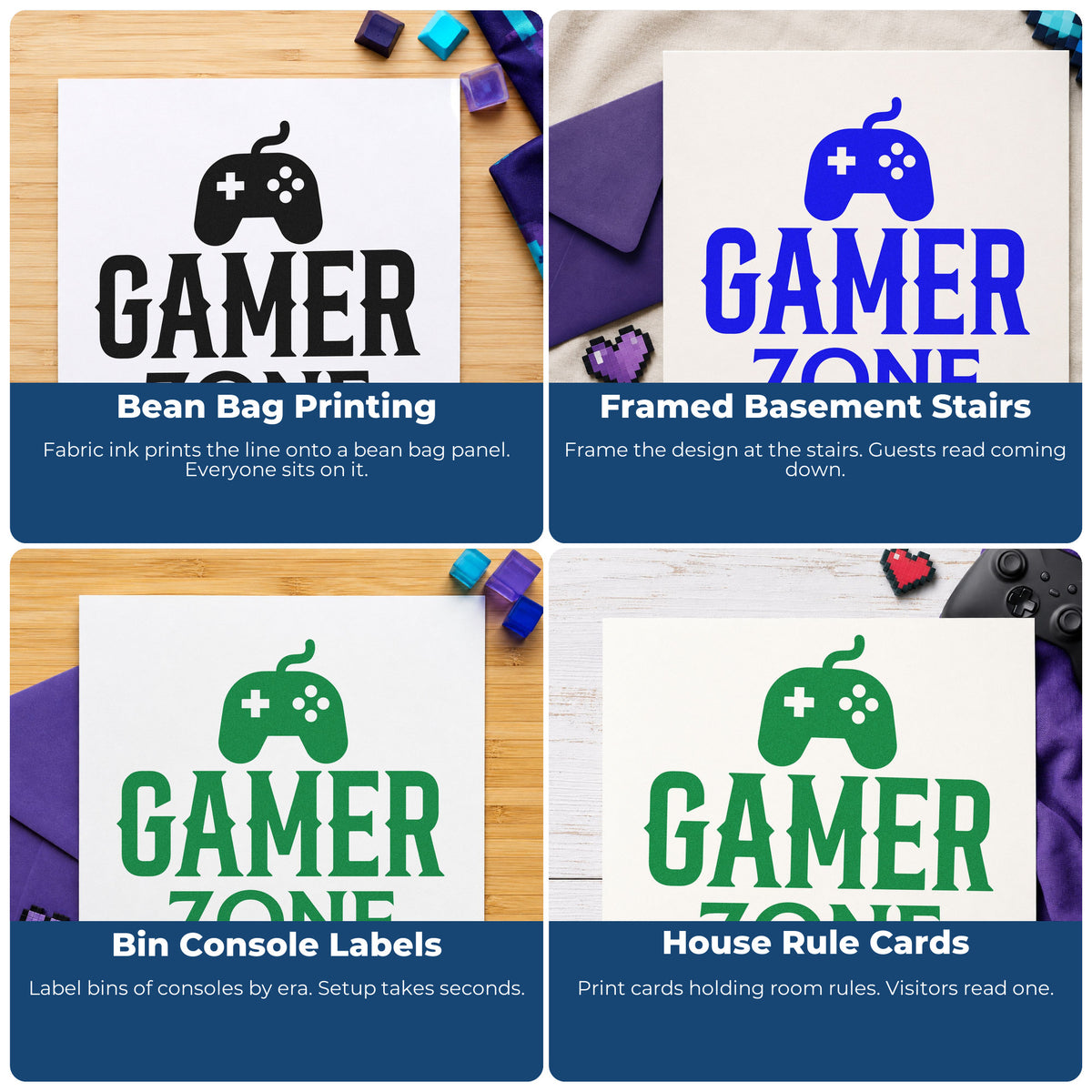 Four ways to use the Gamer Zone Wired Controller Pre-Inked Stamp – Slim: bean bag printing, framed basement stairs, bin console labels and house rule cards.
