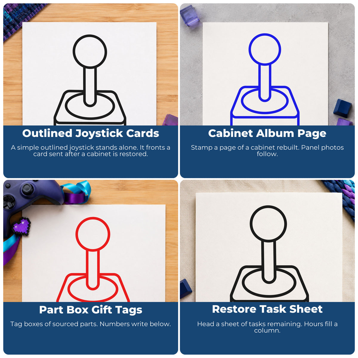 Four ways to use the Retro Joystick Line Art Wood Handle Stamp: outlined joystick cards, cabinet album page, part box gift tags and restore task sheet.