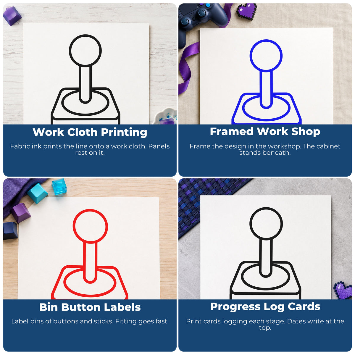 Four ways to use the Retro Joystick Line Art Slim Pre-Inked Stamp: work cloth printing, framed work shop, bin button labels and progress log cards.