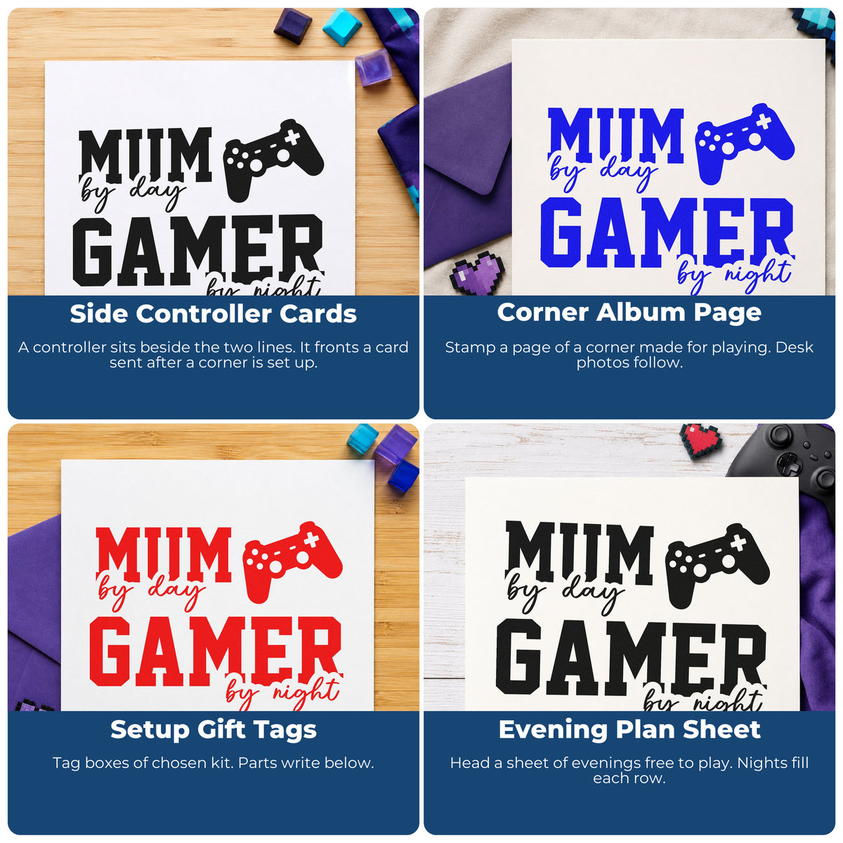 Four ways to use the Mum Day Gamer Night Hand Stamp – Duo: side controller cards, corner album page, setup gift tags and evening plan sheet.