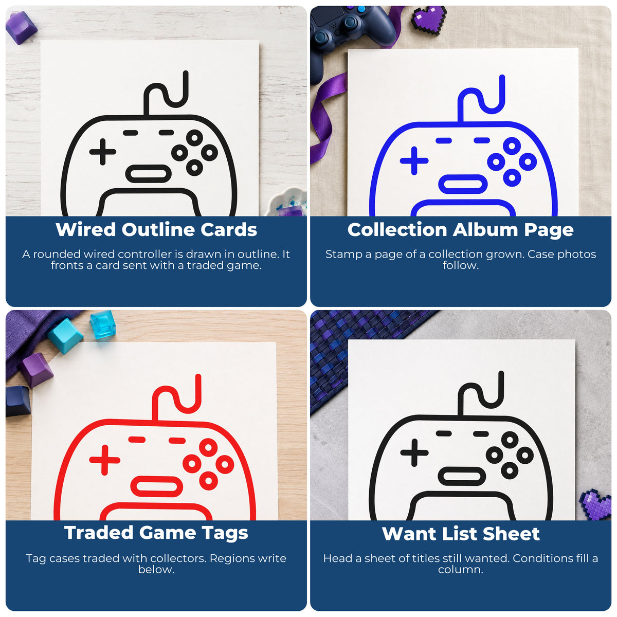 Four ways to use the Outlined Wired Game Controller Self-Inking Stamp: wired outline cards, collection album page, traded game tags and want list sheet.