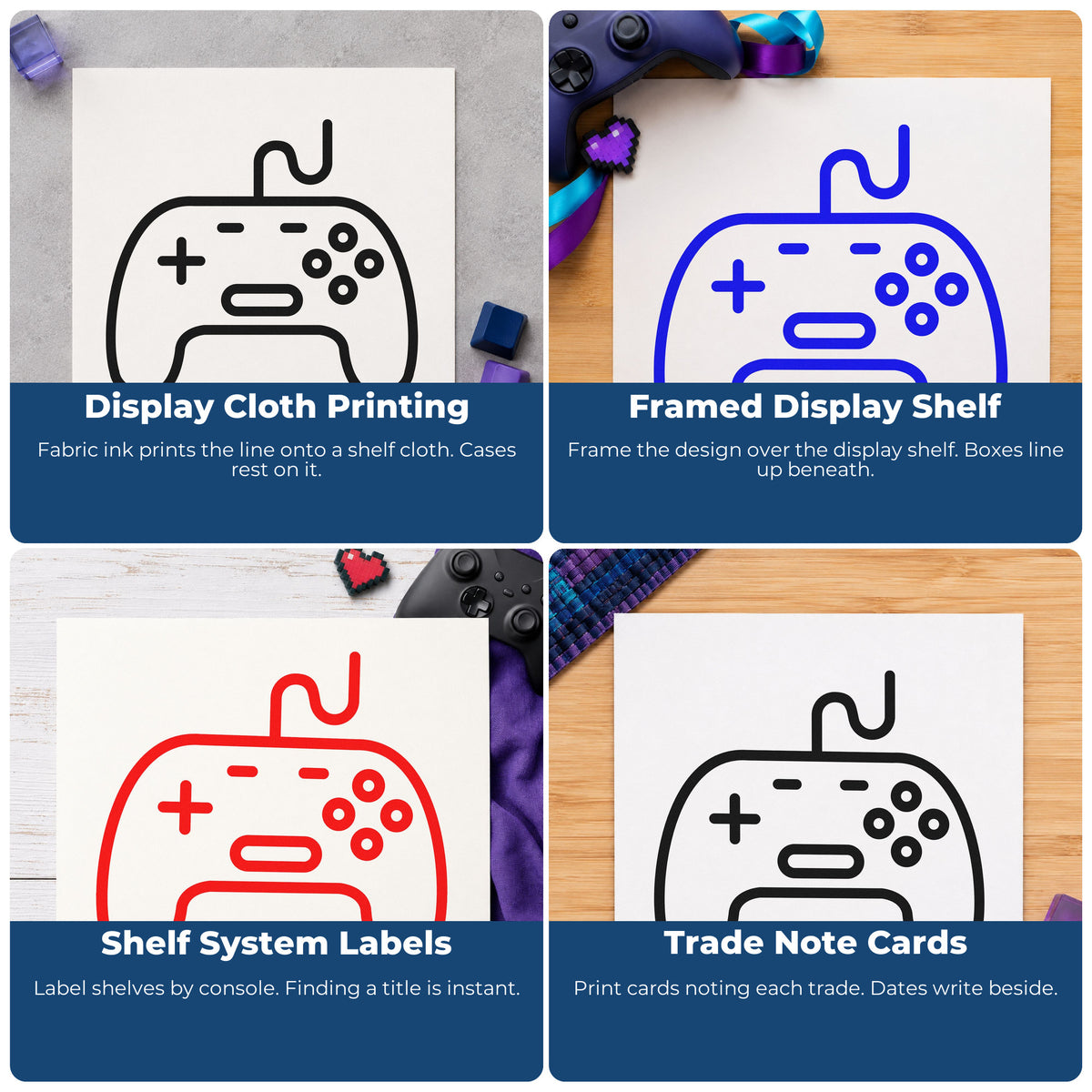 Four ways to use the Outlined Wired Game Controller Self-Inking Stamp: display cloth printing, framed display shelf, shelf system labels and trade note cards.