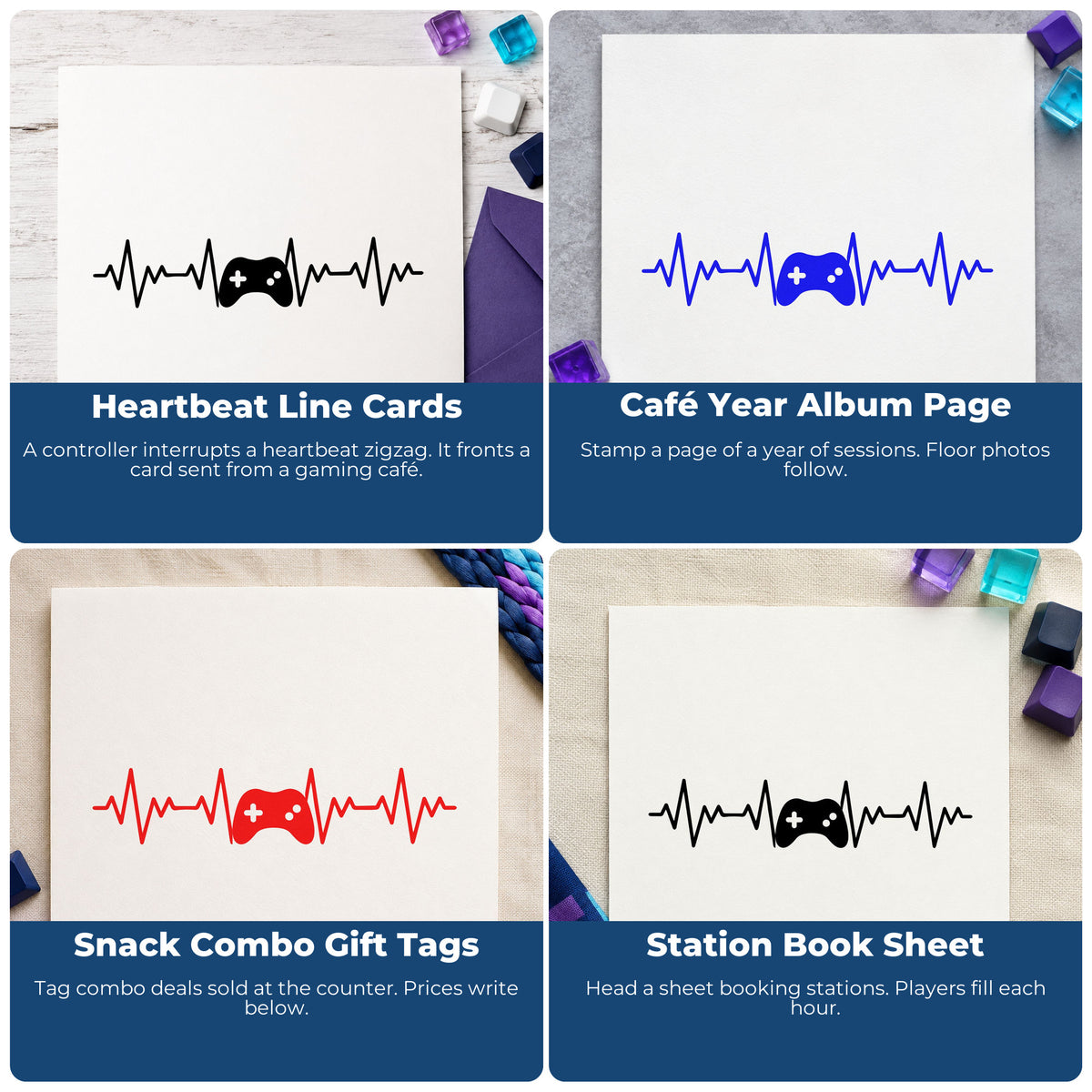 Four ways to use the Gamer Pulse With Controller Rubber Stamp – Wood Handle: heartbeat line cards, café year album page, snack combo gift tags and station book sheet.