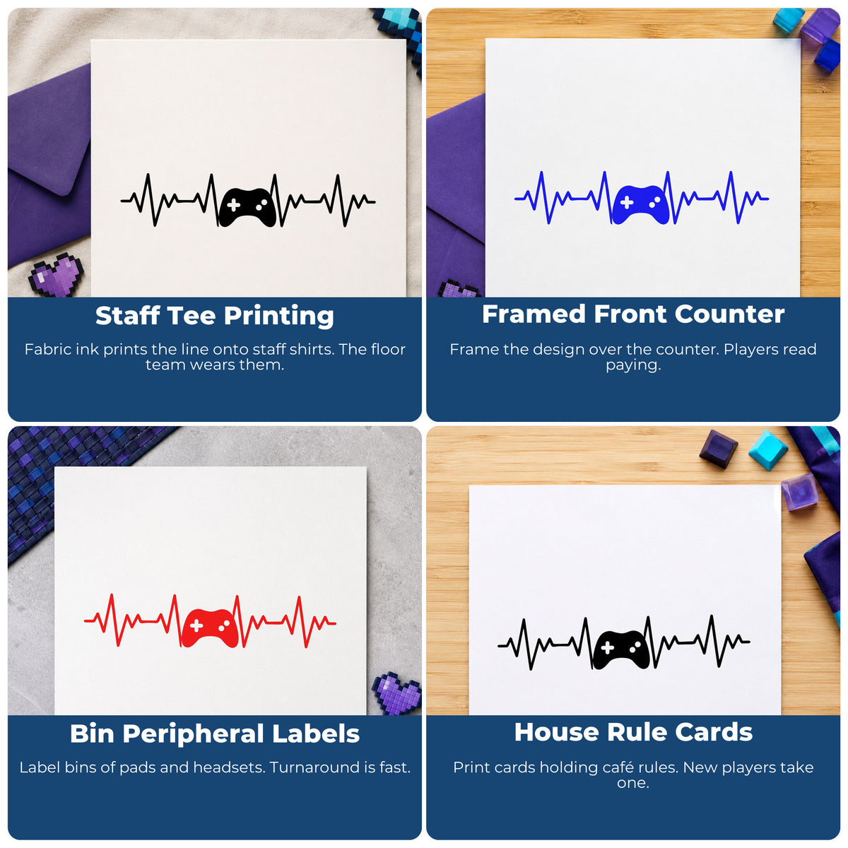 Four ways to use the Gamer Pulse With Controller Rubber Stamp – Wood Handle: staff tee printing, framed front counter, bin peripheral labels and house rule cards.