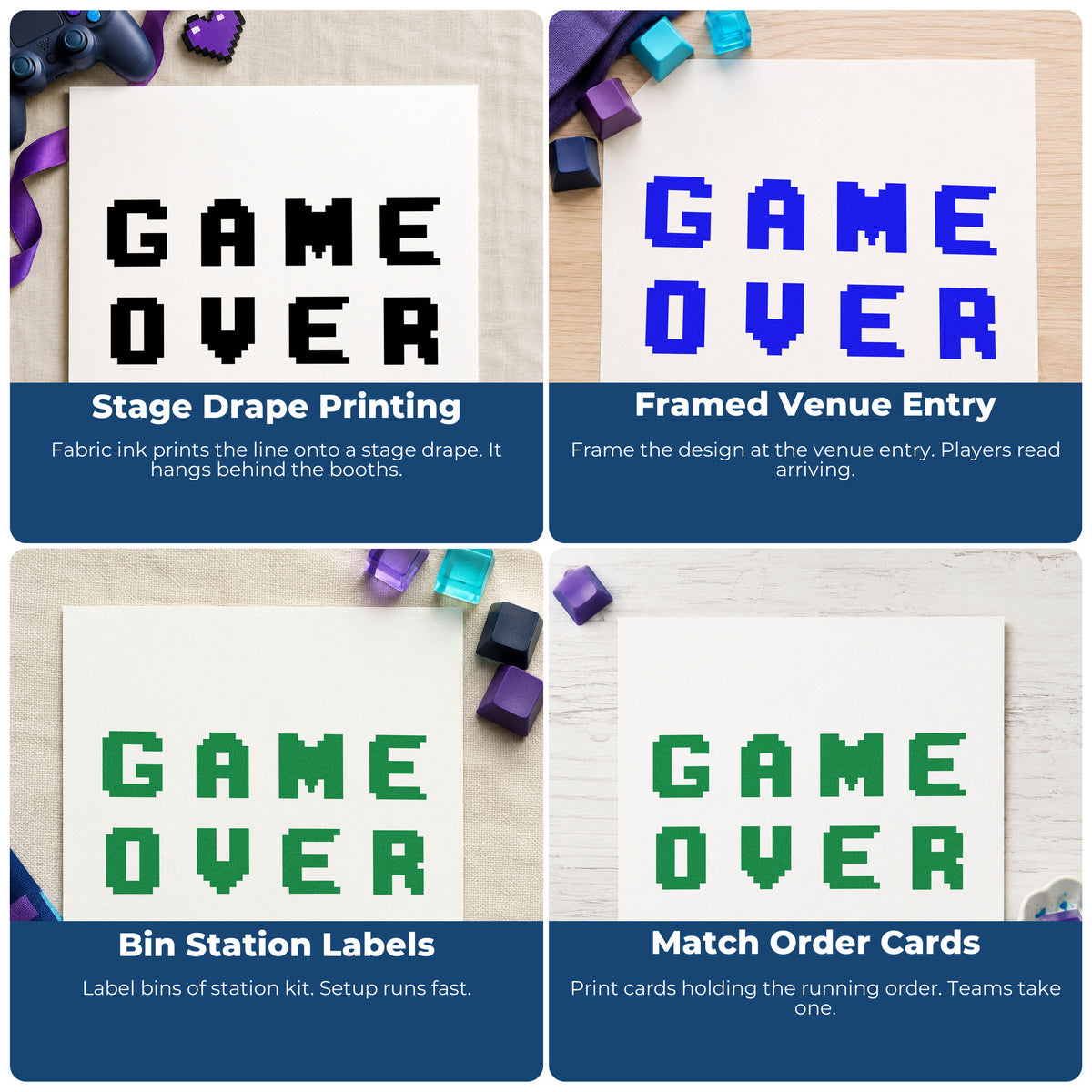 Four ways to use the Game Over Pixel Word Art Compact Pre-Inked Stamp – Slim: stage drape printing, framed venue entry, bin station labels and match order cards.