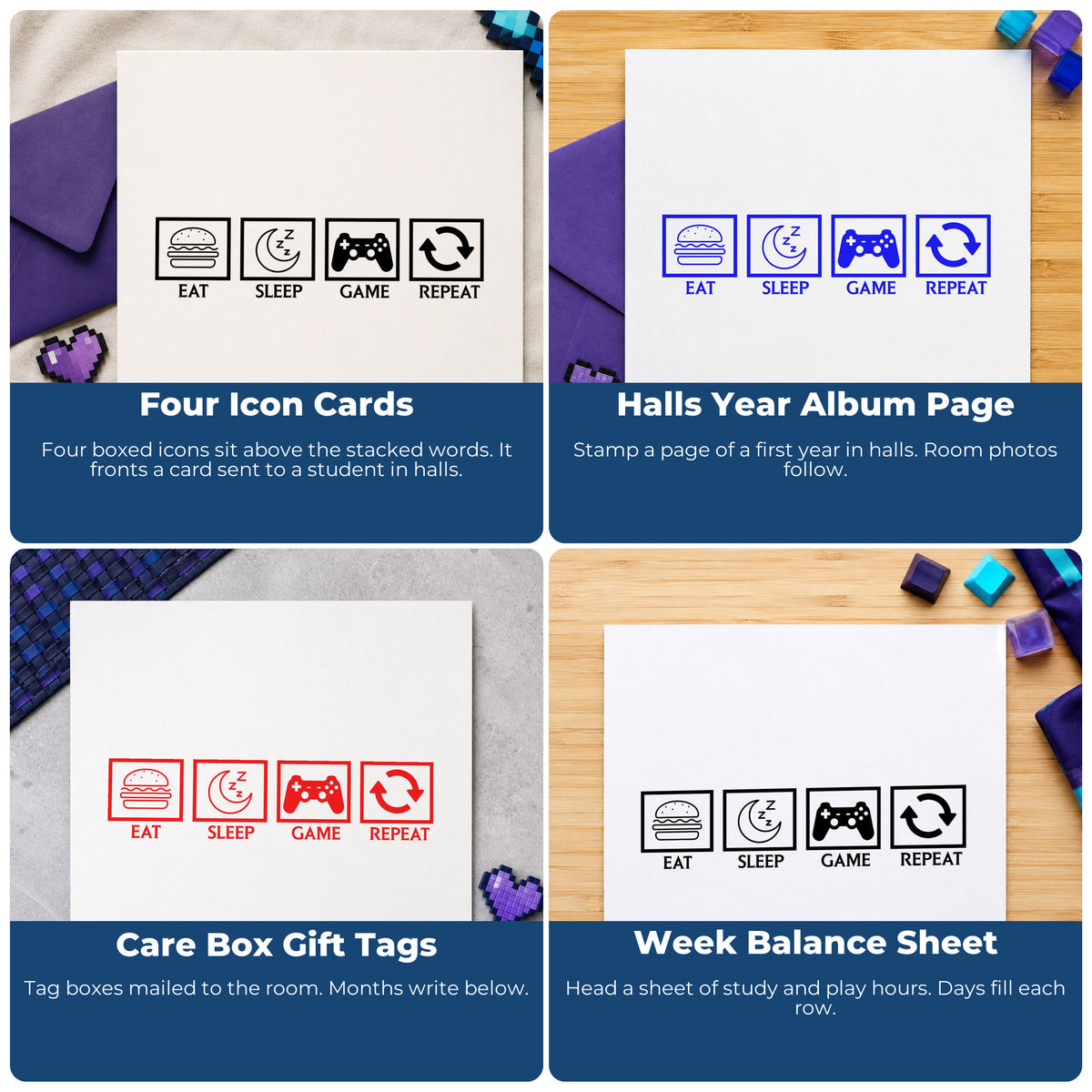 Four ways to use the Eat Sleep Game Repeat Stamp – Self-Inking: four icon cards, halls year album page, care box gift tags and week balance sheet.
