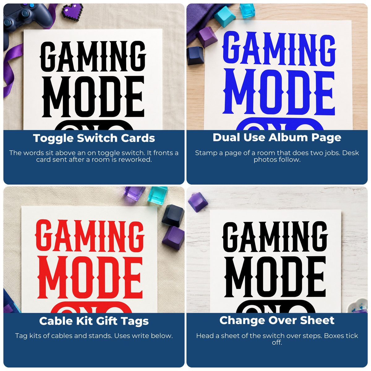 Four ways to use the Gaming Mode On Switch Wood Handle Stamp: toggle switch cards, dual use album page, cable kit gift tags and change over sheet.
