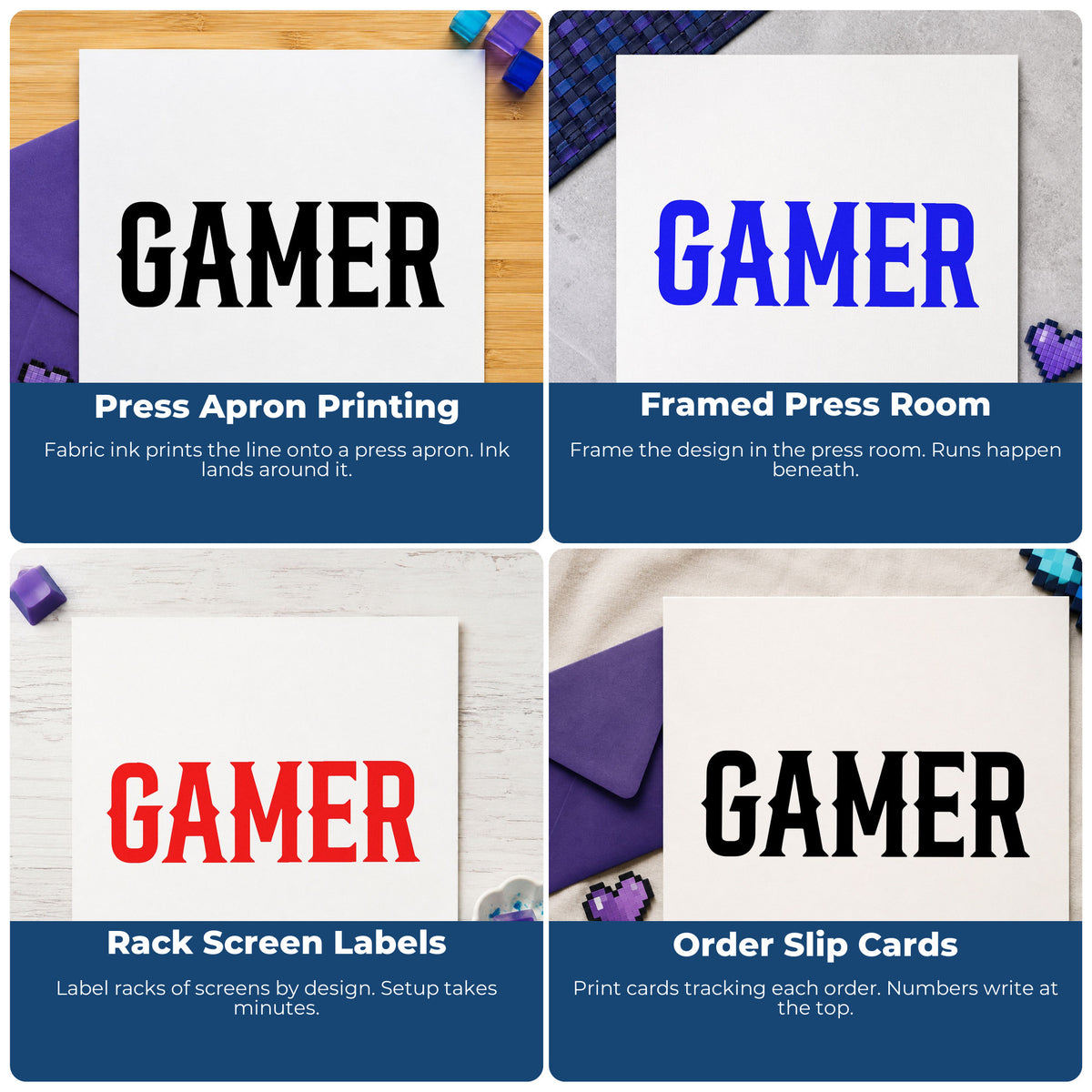 Four ways to use the Gamer Bold Slab Lettering Self-Inking Stamp: press apron printing, framed press room, rack screen labels and order slip cards.