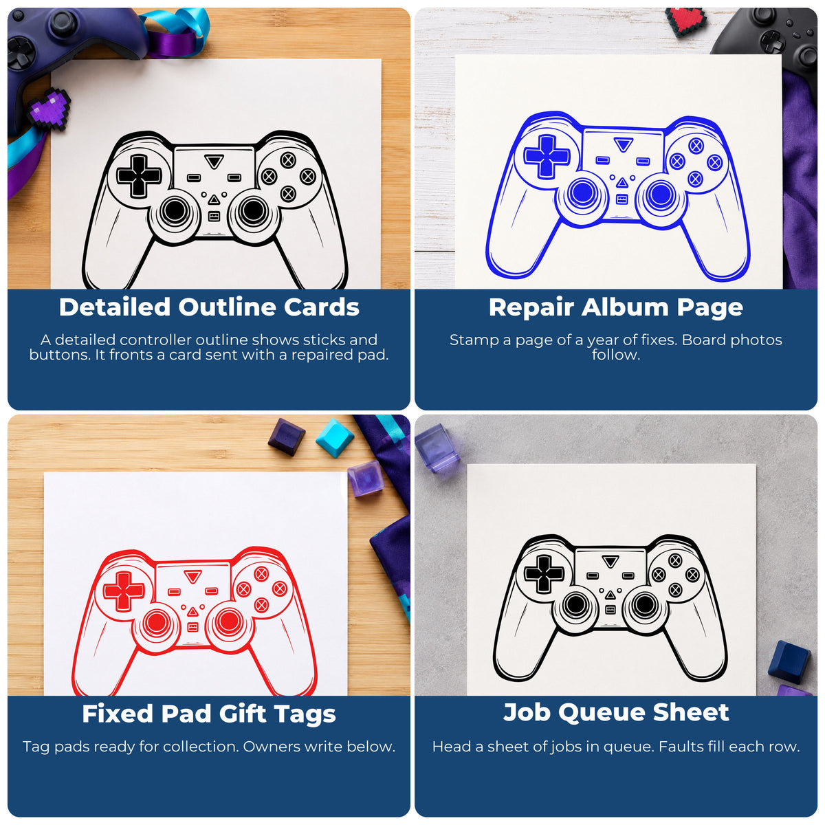 Four ways to use the Detailed Dual Stick Controller Rubber Stamp – Wood Handle: detailed outline cards, repair album page, fixed pad gift tags and job queue sheet.