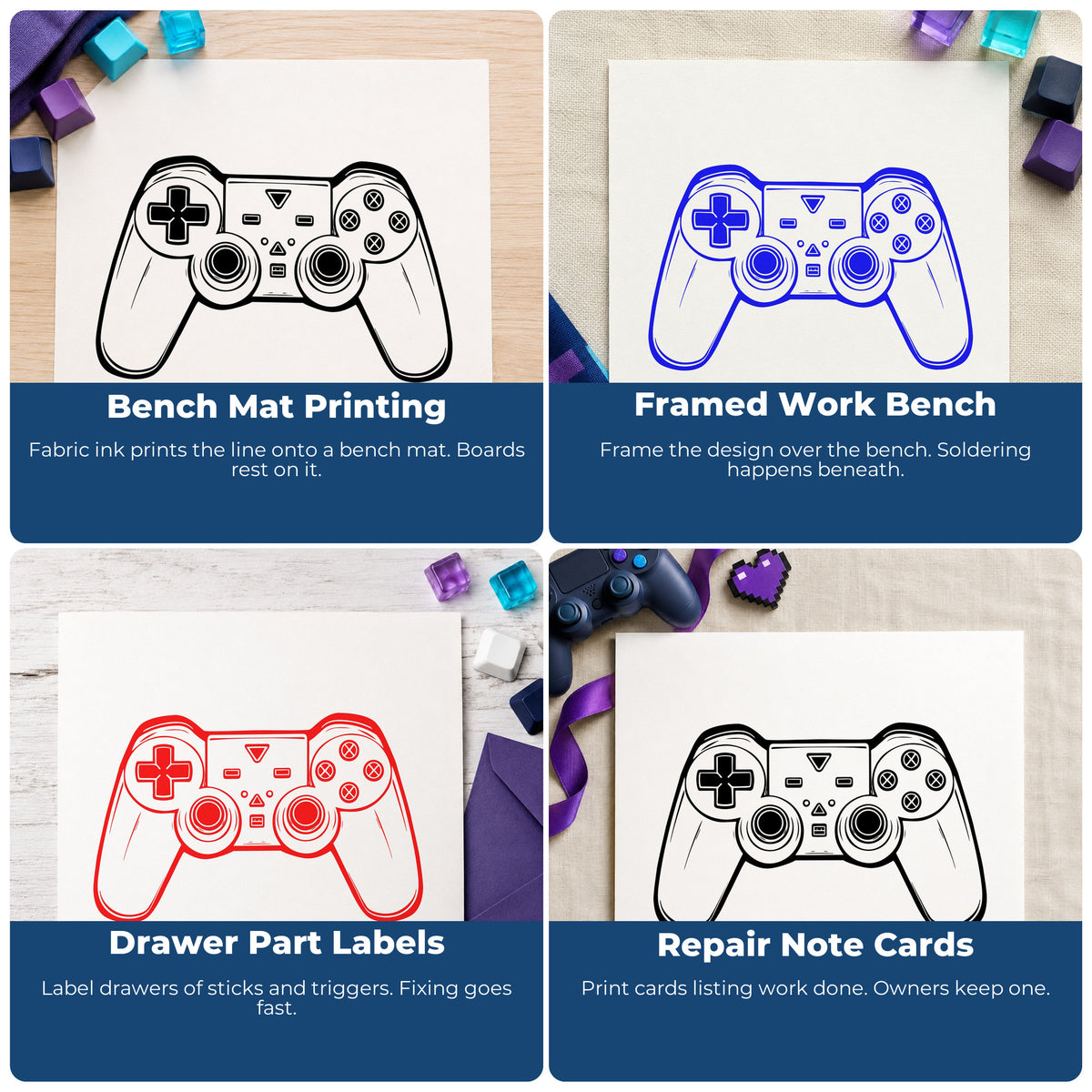 Four ways to use the Detailed Dual Stick Controller Rubber Stamp – Wood Handle: bench mat printing, framed work bench, drawer part labels and repair note cards.