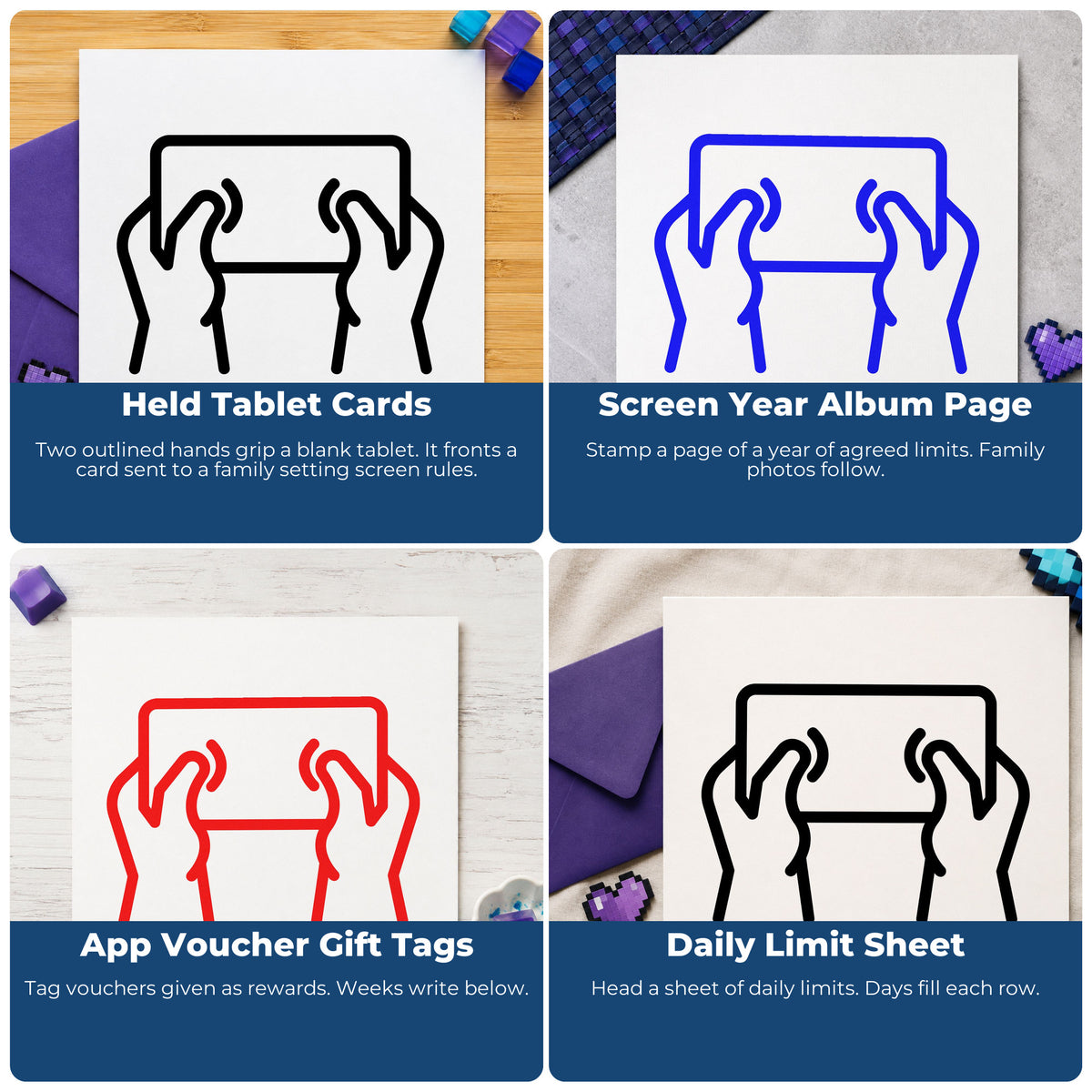 Four ways to use the Hands Holding A Tablet Stamp – Self-Inking: held tablet cards, screen year album page, app voucher gift tags and daily limit sheet.
