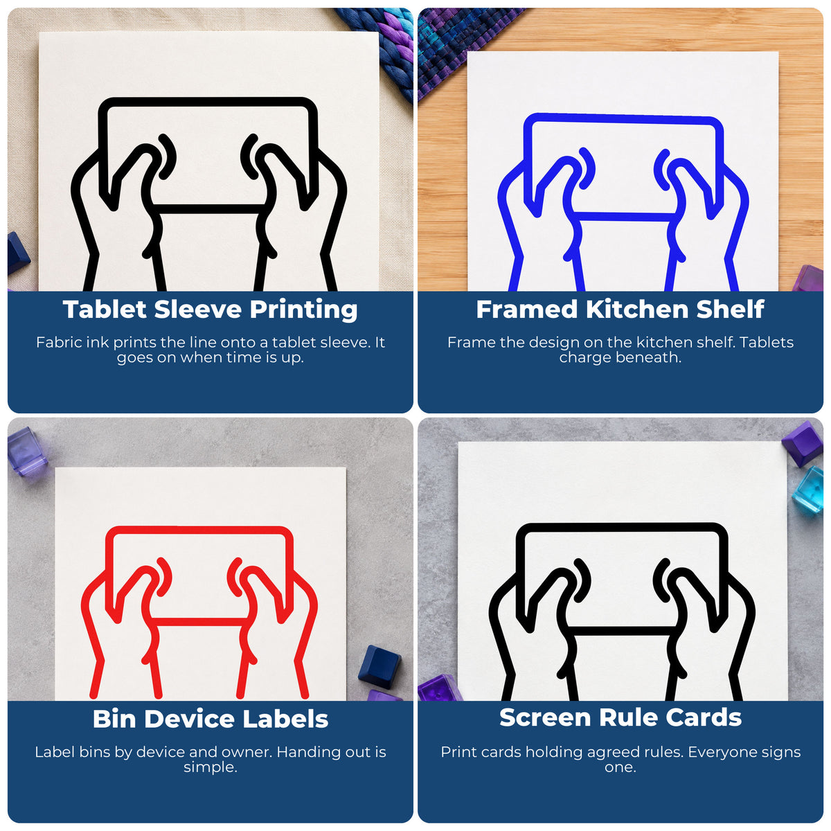 Four ways to use the Hands Holding A Tablet PSI Pre-Inked Stamp: tablet sleeve printing, framed kitchen shelf, bin device labels and screen rule cards.