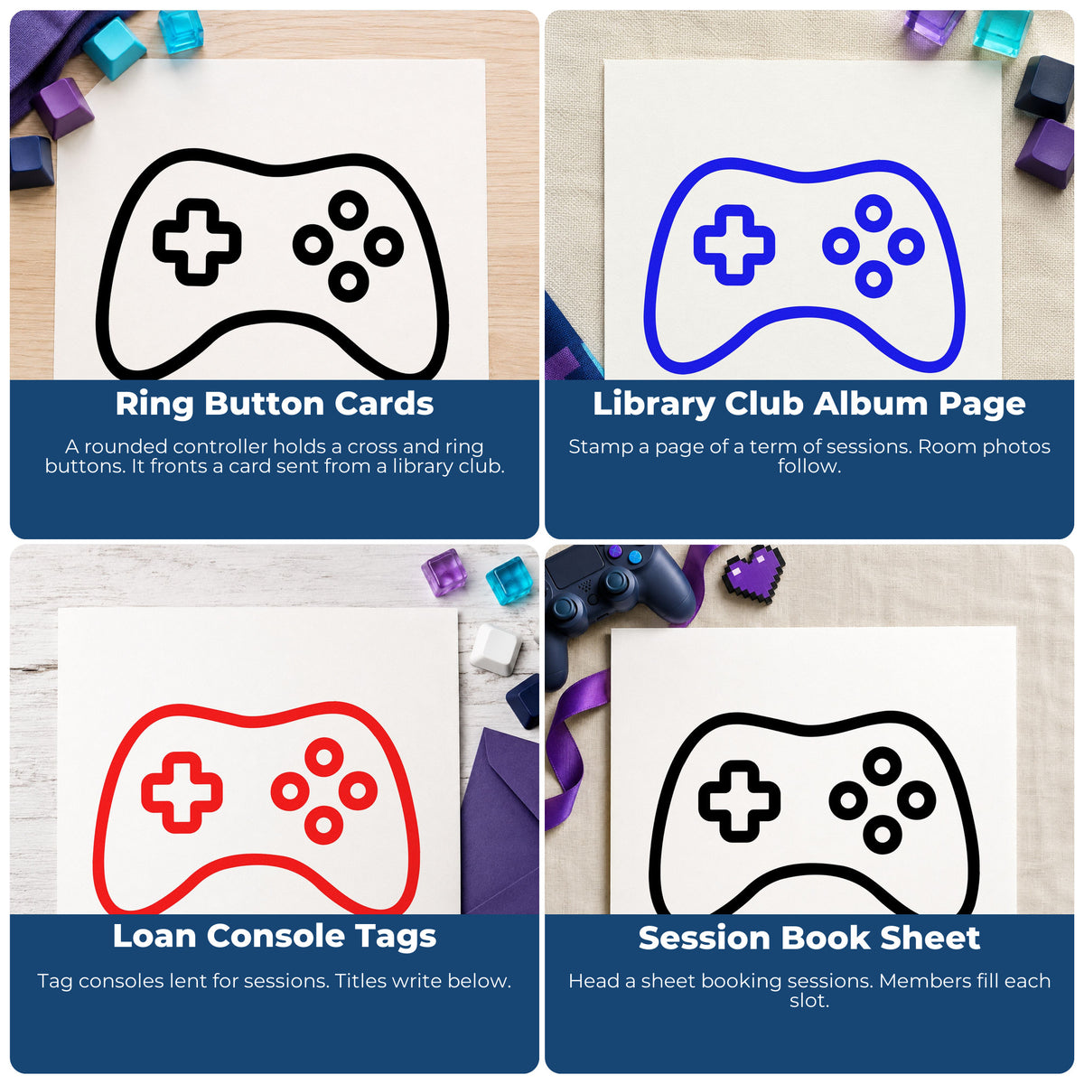 Four ways to use the Premium Wooden Simple Outlined Game Controller Stamp - Vintage Pro: ring button cards, library club album page, loan console tags and session book sheet.