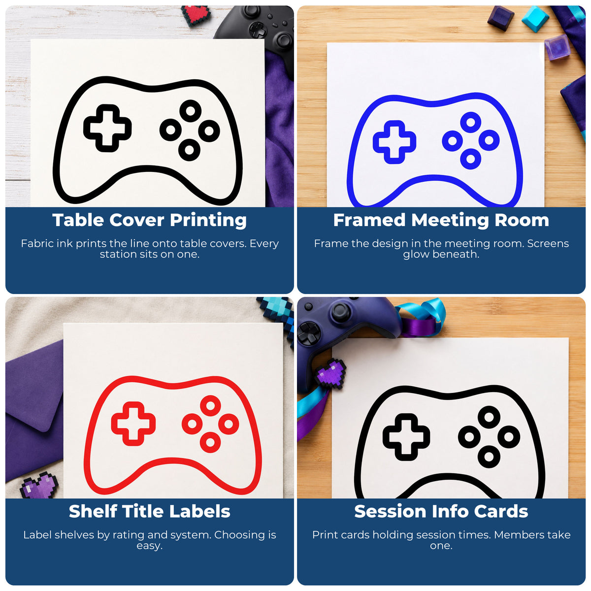 Four ways to use the Simple Outlined Game Controller Stamp – PSI Pre-Inked: table cover printing, framed meeting room, shelf title labels and session info cards.